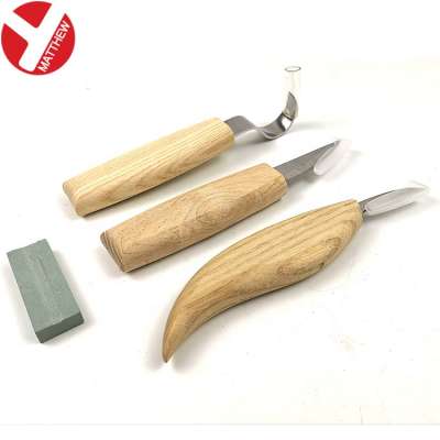 3pcs set Stainless Steel Straight Bent Blade Woodworking Carving Knife with ashtree wood Handle