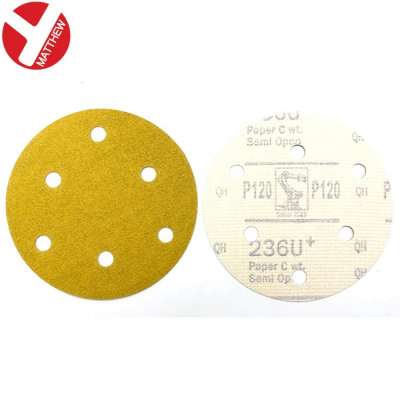 5inch Aluminum oxide flocking back Yellow Abrasive Round Disc Sandpaper with 6 Holes