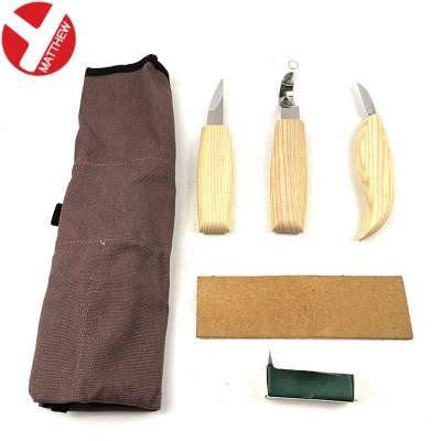 5pcs Stainless Steel Blade ashtree wood Handle Carving Chisel Knife Set with Canvas Bag Package